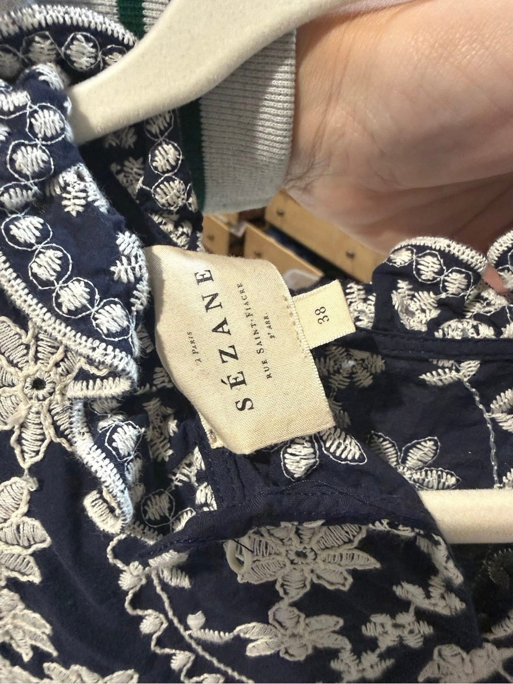 SEZANE Navy Blue White Floral Embroidered High Ruffle Neck Top Eglantine Blouse - Picture 3 of 4